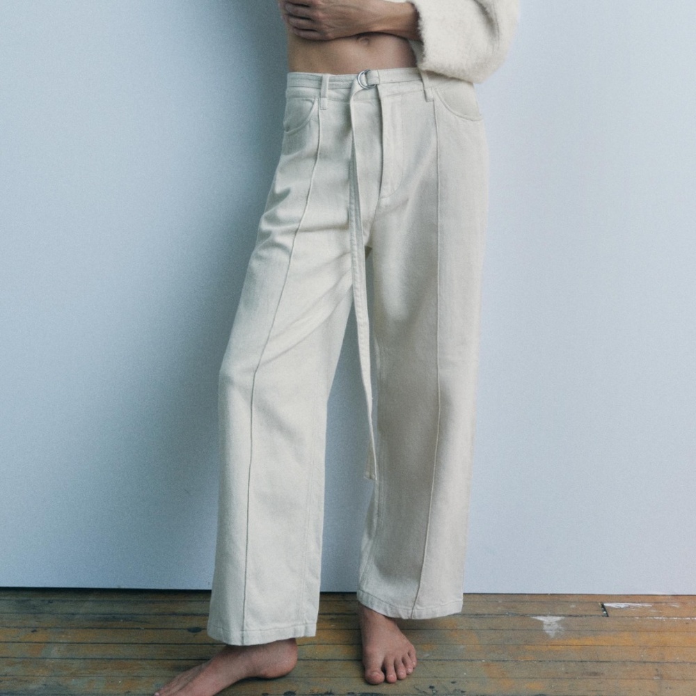 Zara the Sartorial ecru cream linen blend straight cut mid rise jeans NWT